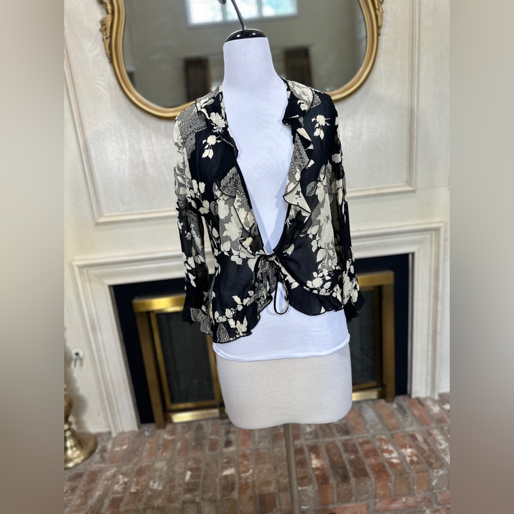 Vintage Nina Piccalino Sheer Floral Tie Front‎ Ruffle Jacket Top M